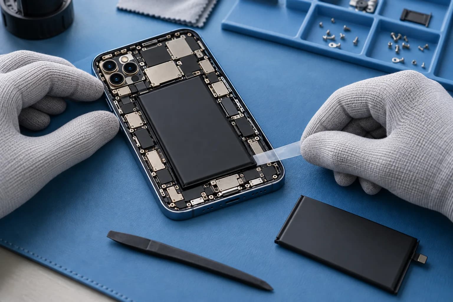 Téléphone ouvert et batterie de remplacement sur un établi de réparation