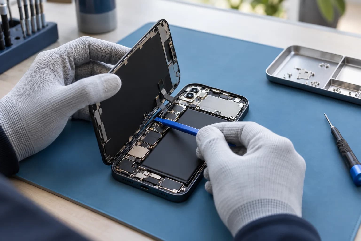 Téléphone ouvert et écran de remplacement sur un tapis de réparation