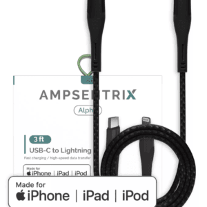 3 Ft MFI Lightning To USB Type C Cable (AmpSentrix) (Alpha) (Black)