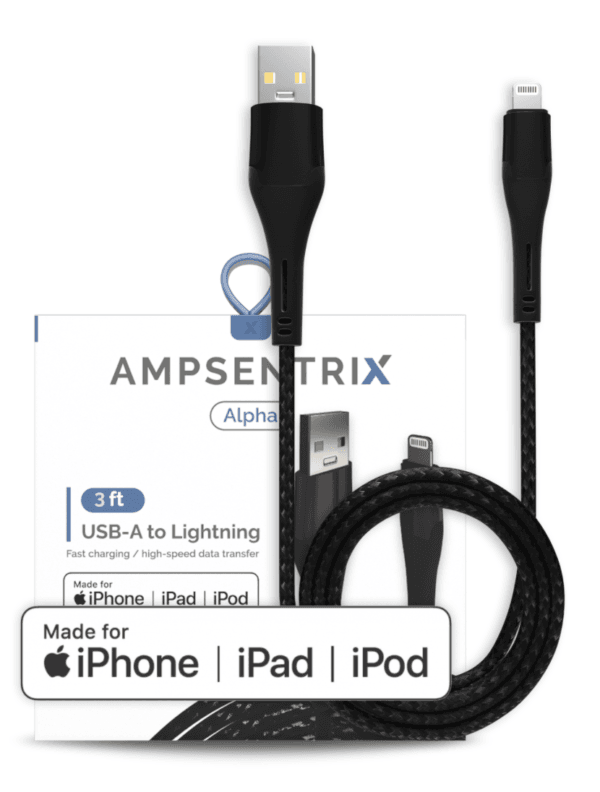 3 Ft MFI Lightning To USB Type A Cable (AmpSentrix) (Alpha) (Black)