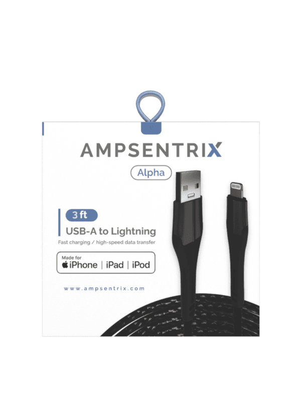 3 Ft MFI Lightning To USB Type A Cable (AmpSentrix) (Alpha) (Black)